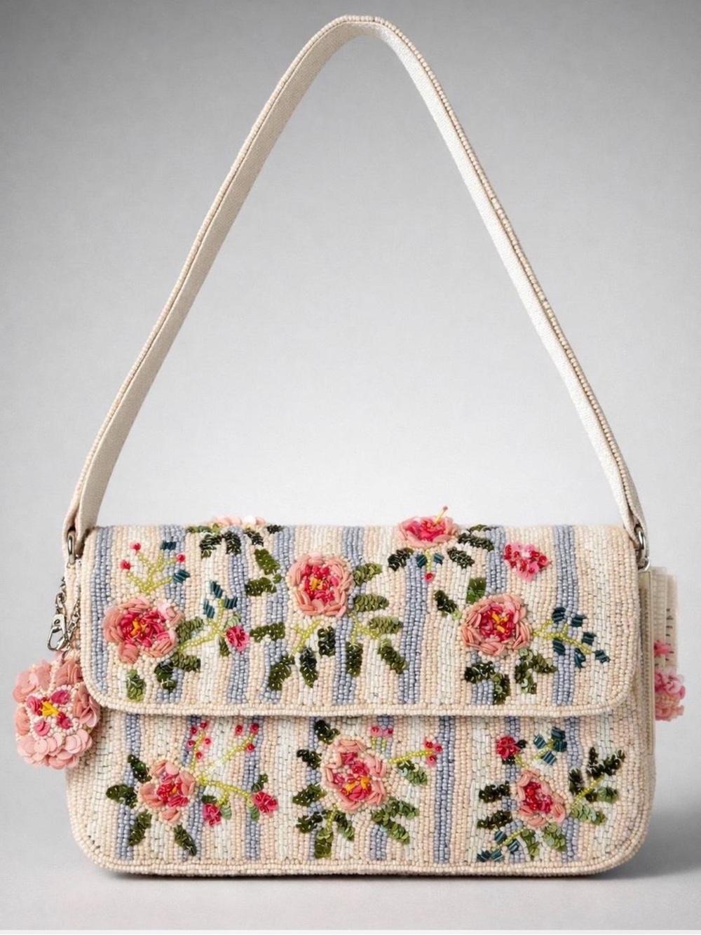 Beaded Floral Shoulder Bag in Cream and Pink